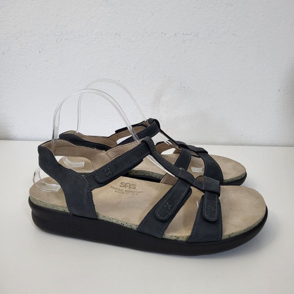 SAS Sorrento Sandals Womens 9.5 W Wide Black Nubuck Leather Adjustable T Strap